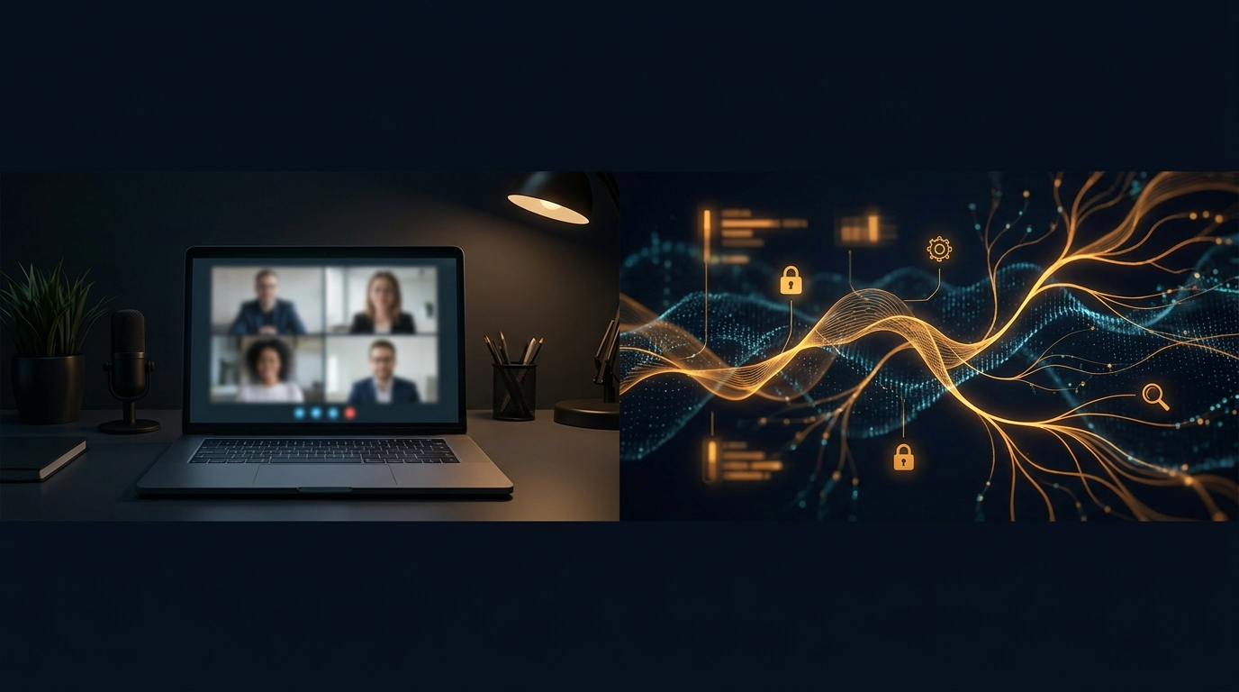 Abstract visualization of hidden AI tools operating behind a calm interview screen