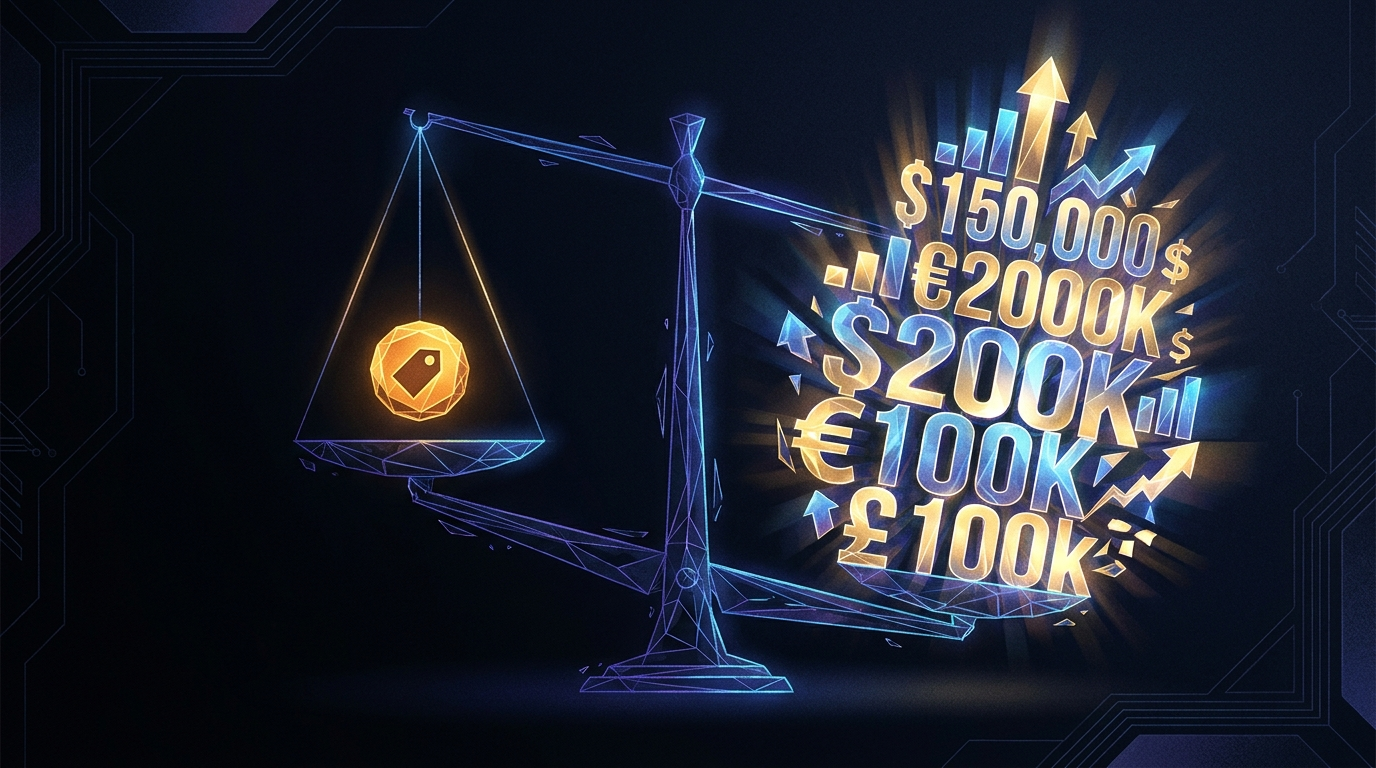 Imbalanced scale with a tiny coin on one side and a large salary figure on the other, rendered in amber on deep navy