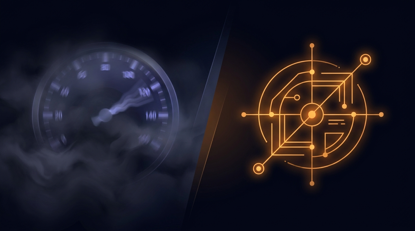 Split visual contrasting a blurred probability gauge with a sharp timestamped evidence record, rendered in amber on dark navy