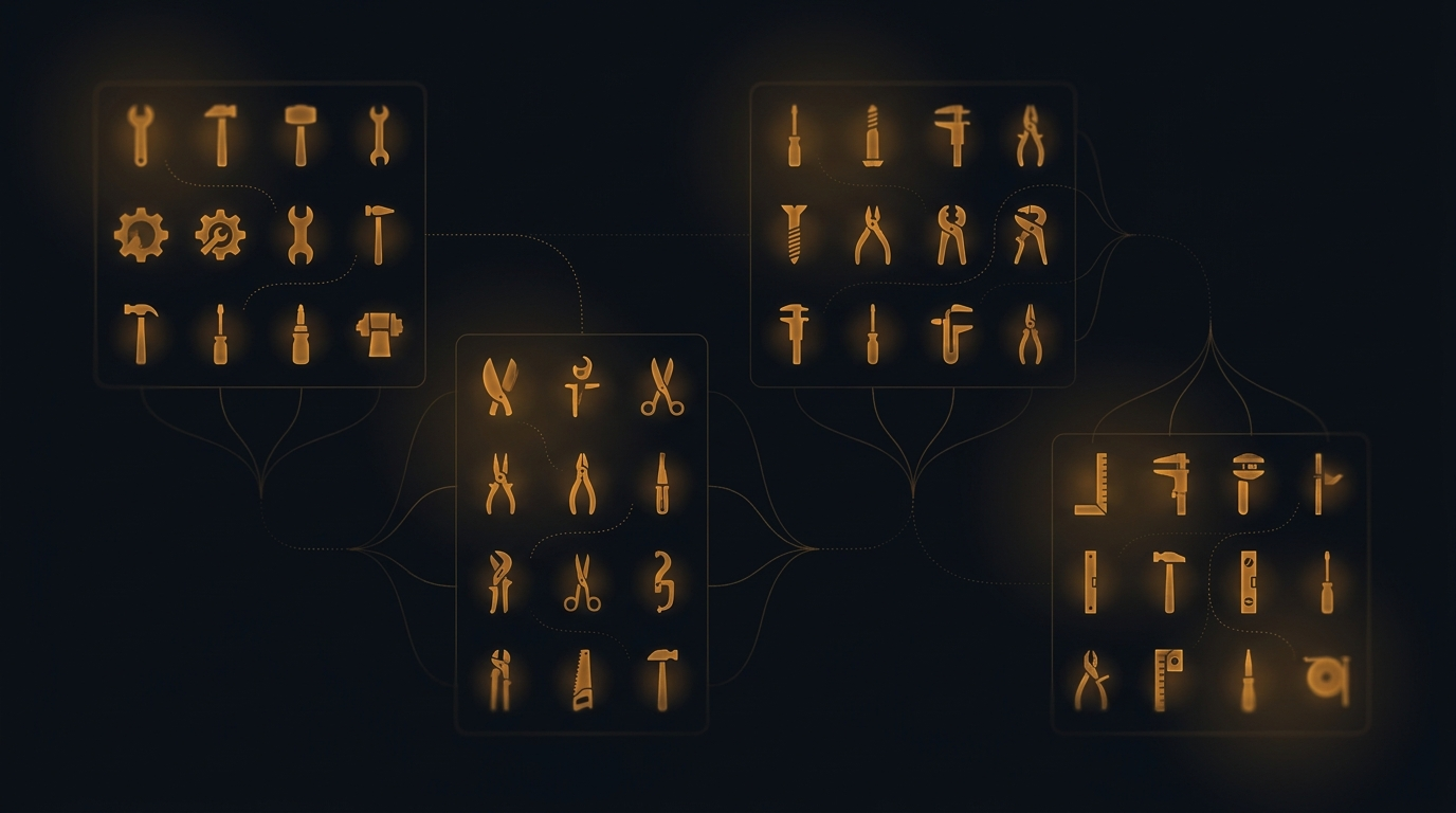 Grid of amber tool silhouettes organized into four families against deep navy background