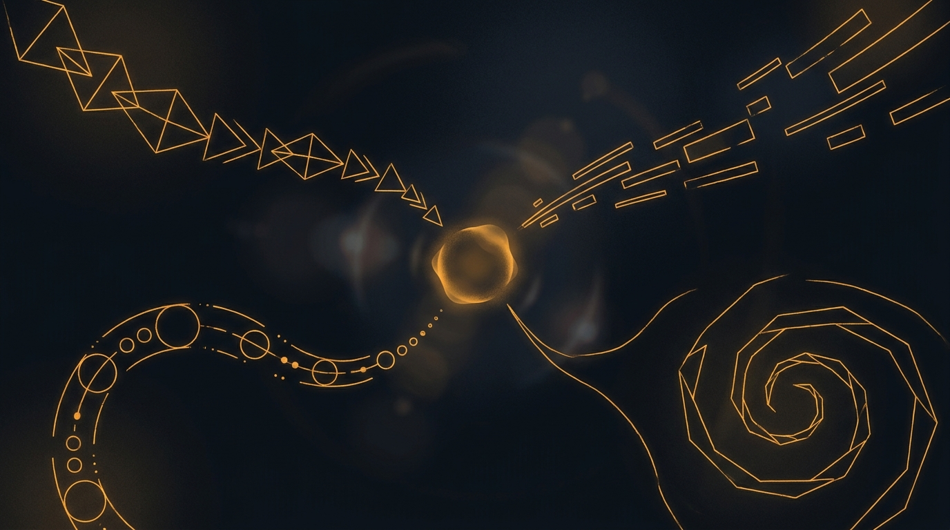 Four distinct signal pathways converging on a single interview screen, rendered in amber on dark navy