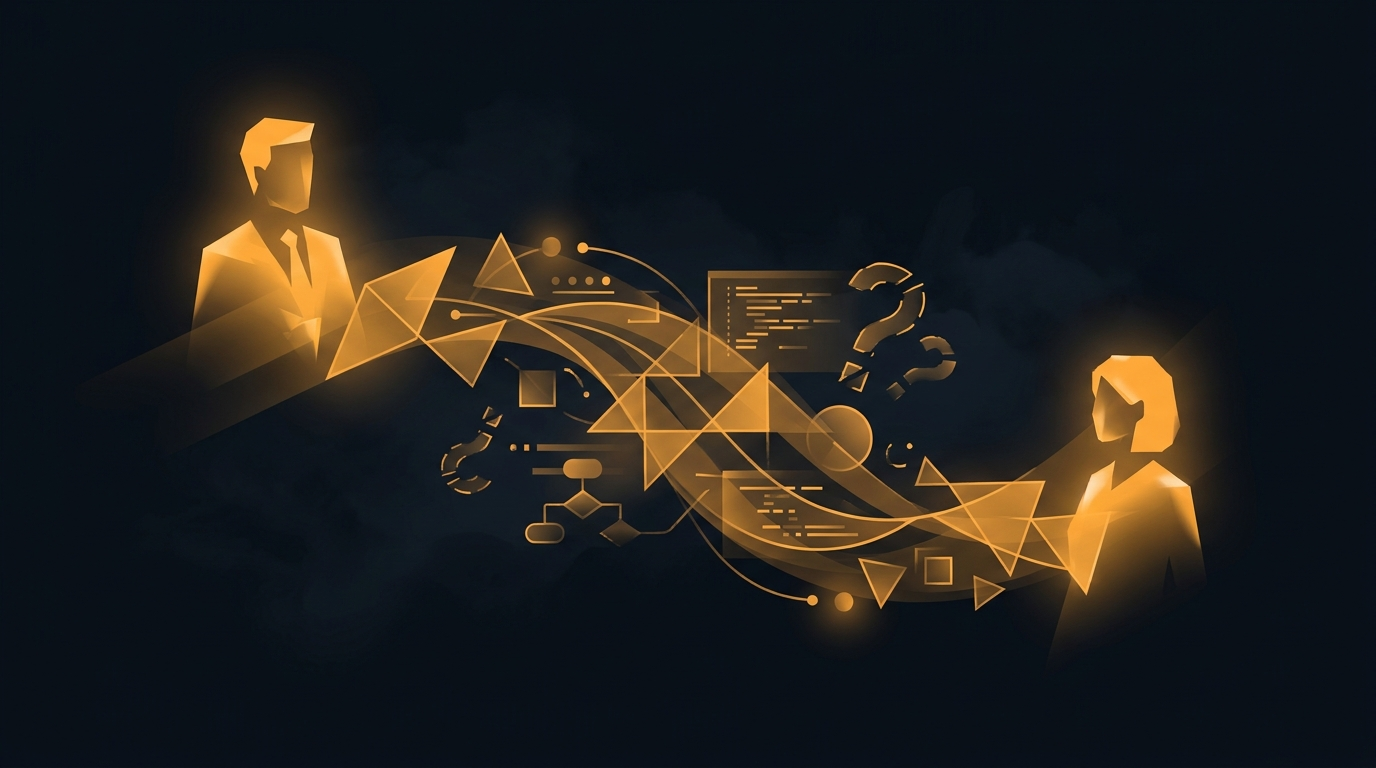 Interviewer and candidate connected by layered visual question elements, rendered in amber on deep navy