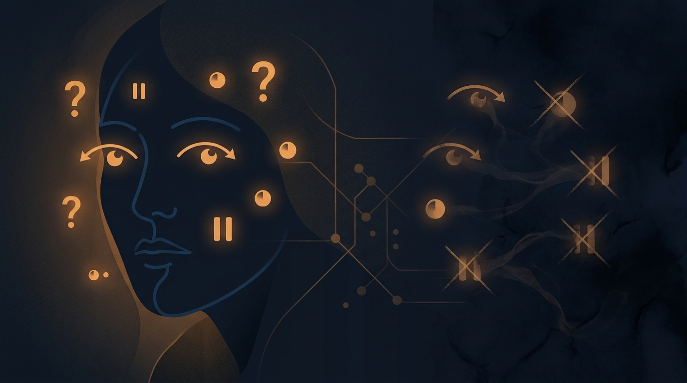 Split portrait of an interviewer observing behavioral signals, some reliable and some misleading, rendered in amber on deep navy