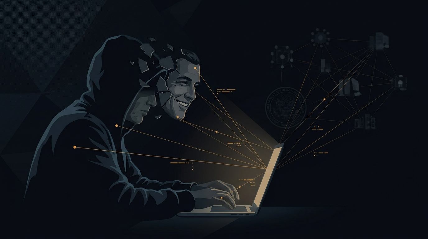 Silhouette of a remote worker with a fractured identity mask, rendered in amber on deep navy