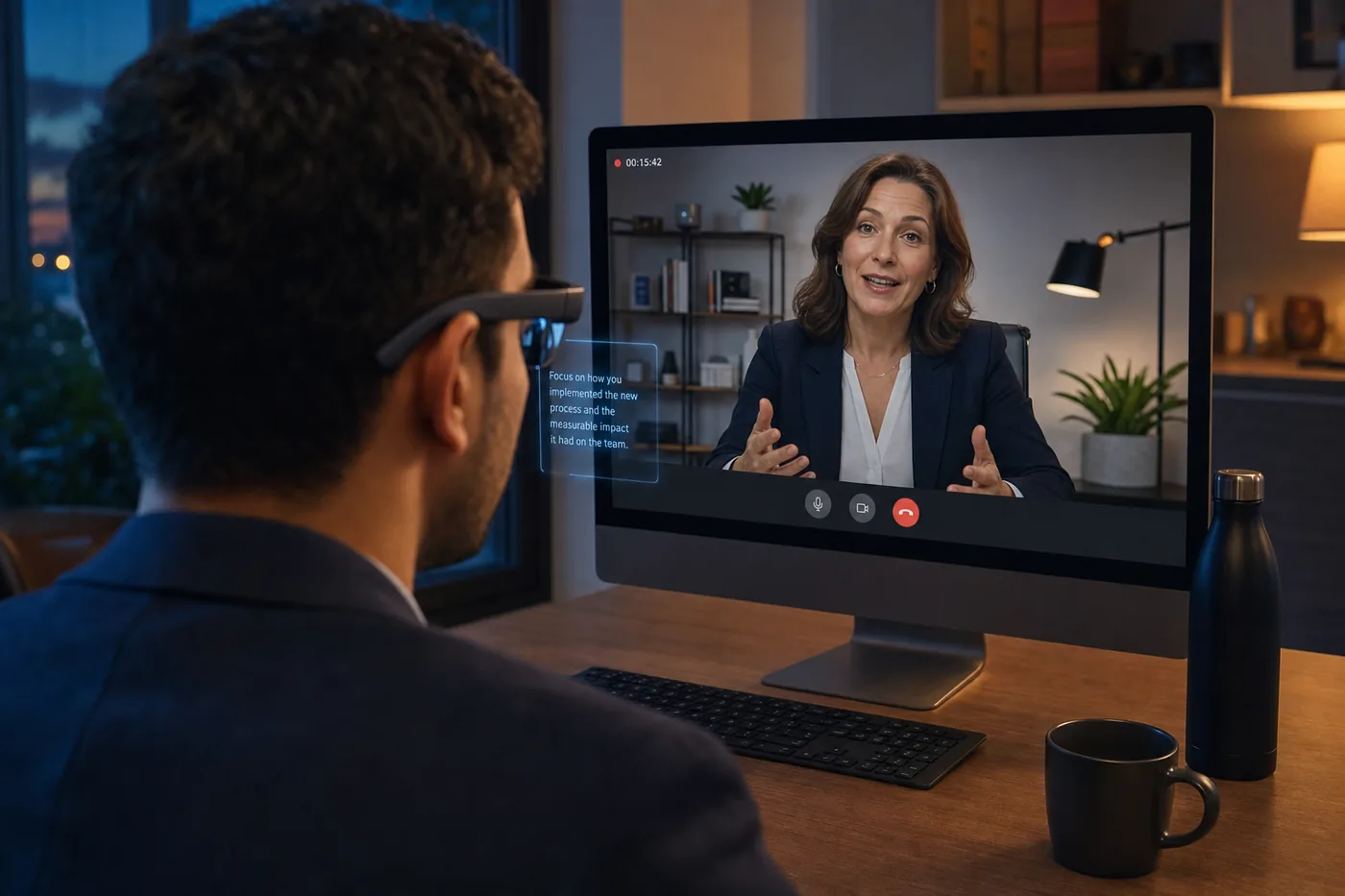 A candidate wearing AI smart glasses reads a generated answer hovering in the lens while the interviewer speaks on the monitor during a live remote interview