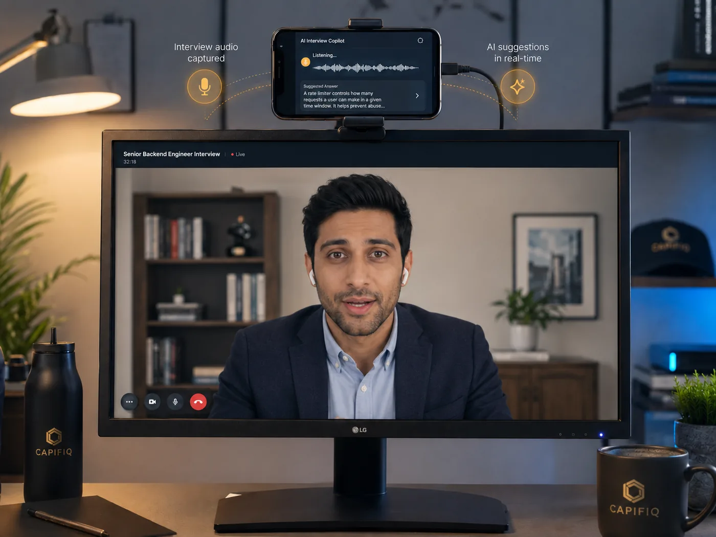 Monitor showing a candidate in a live technical interview, with a smartphone mounted above the webcam listening to the interview and displaying an AI-generated answer